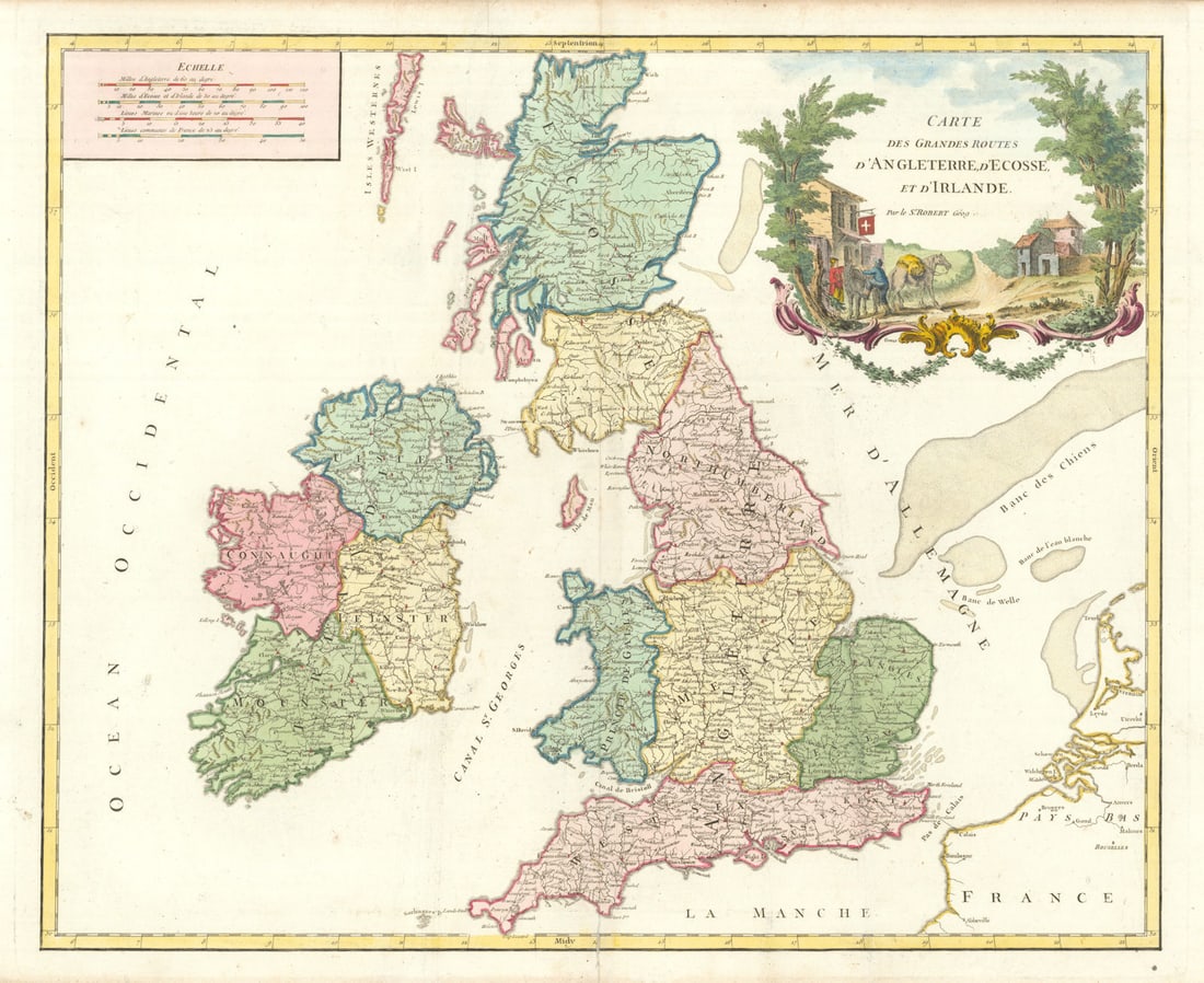 Grandes routes d'Angleterre, d'Ecosse & Irlande. British Isles VAUGONDY 1757 map (1 of 1)
