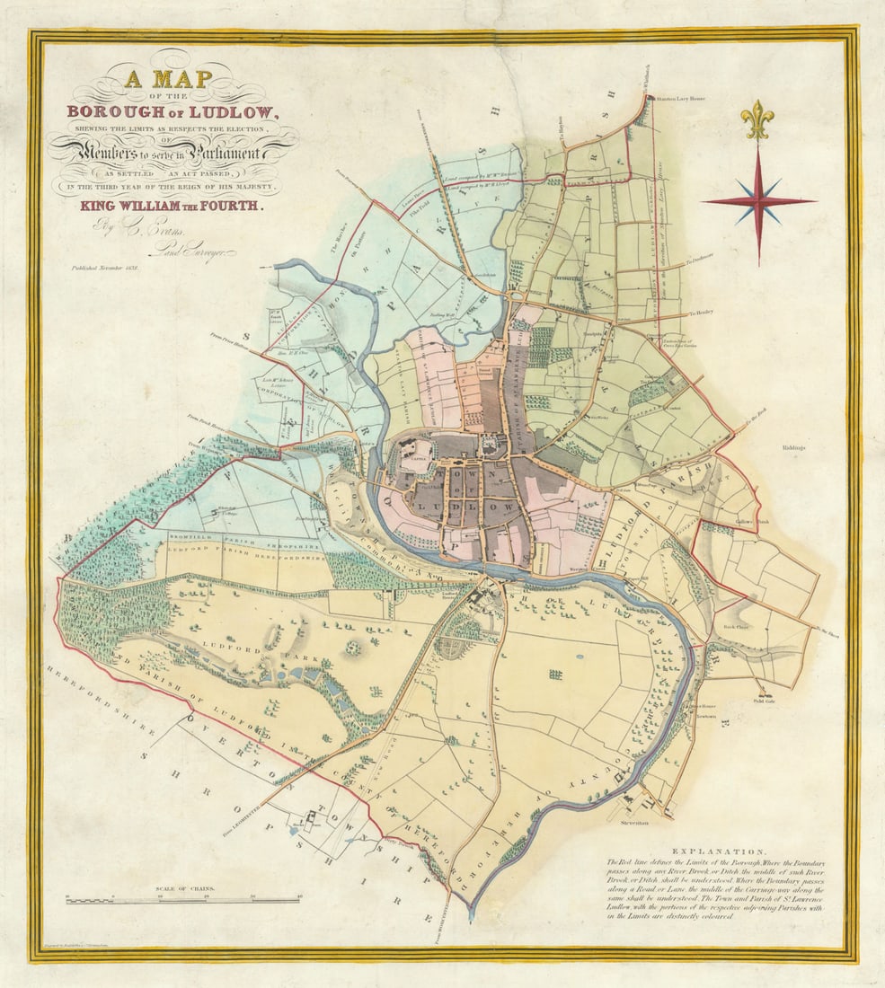 A Map of the Borough of Ludlow by C. Evans. Reform Act 1832 old antique: A Map of the Borough of Ludlow shewing the limits as respects the Election of Members to Serve in Parliament as settled in an Act passed in the Third Year of the Reign of His Majesty King William the