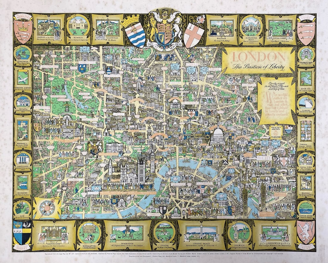 London - The Bastion of Liberty. Pictorial map by Kerry Lee c1946 old: London - The Bastion of Liberty'. A decorative mid-century pictorial bird's eye view map of London and Westminster created for the Travel Association of Great Britain and Northern Ireland, a reduced