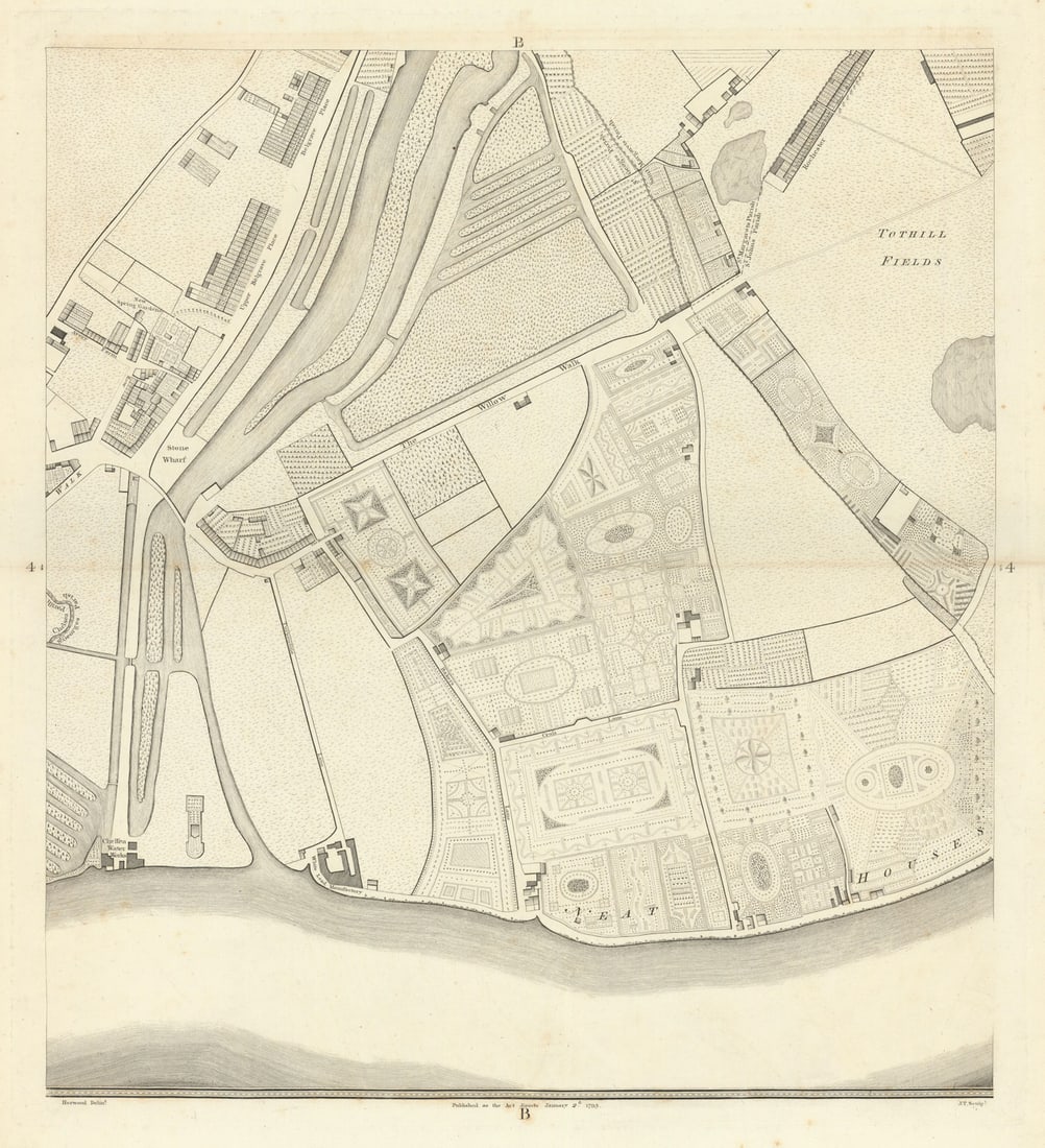 Horwood London B4 Pimlico Victoria Millbank Tothill Fields 1795 old map: Sheet B4 - Pimlico, Victoria, Millbank, Tothill Fields' by Horwood, Richard. Published 1795. Antique copperplate map. Size 60 x 55 cm | 23.5 x 21.5 inches. Condition: Good; suitable for framing. Pleas