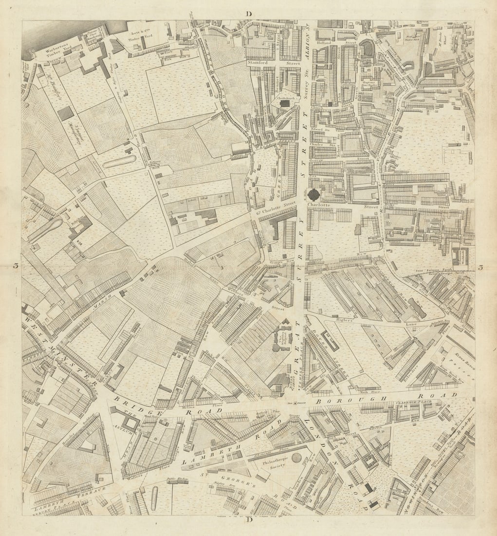 Horwood London D3 Waterloo Southwark South Bank Lambeth 1799 old antique map: Sheet D3 - Waterloo, Southwark, South Bank, Blackfriar's Road, Westminster Bridge Road, Borough Road, Lambeth North' by Horwood, Richard. Published 1799. Antique copperplate map. Size 59 x 55 cm | 23.