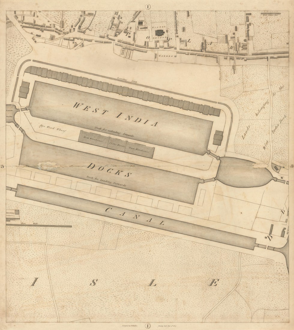 Horwood/Faden London I3 Canary Wharf Poplar West India Docks Isle/Dogs 1807 map: Sheet I3 - Canary Wharf, Poplar, West India Docks, Isle of Dogs'. William Faden after Richard Horwood. Published 1807. Antique copperplate map. Size 58 x 52 cm | 23.0 x 20.5 inches. Condition: Poor: P