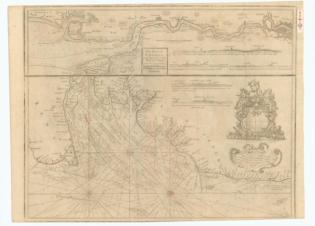 The River of Thames from London to the Buoy of ye Noure. MOUNT & PAGE 1758 map: The River of Thames from London to the Buoy of ye Noure'. Antique folio sea chart of the Thames Estuary in two panels from the Pool of London including the coast to the South Foreland and Yarmouth, an