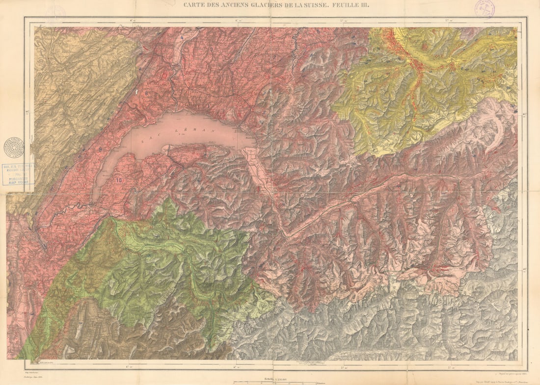 Carte des Anciens Glaciers de la Suisse #3 W Switzerland & Haute-Savoie 1883 map: Carte des Anciens Glaciers de la Suisse - Feuille 3 [Map of the Ancient Glaciers of Switzerland, Sheet 3]. Eidg. Stabsbureau. Imp. Par l'Etablt. Topogr. De Wurster, Randegger et Cie. à