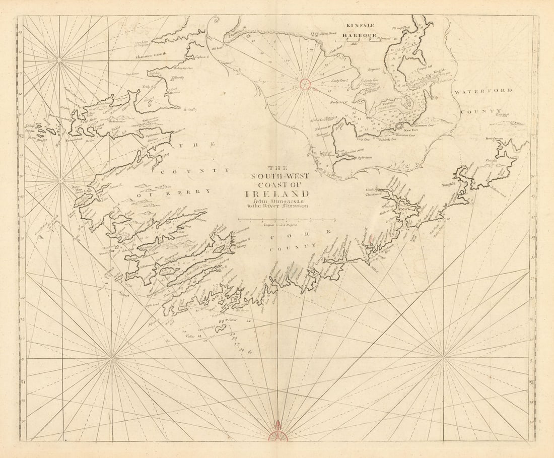 The South-West Coast of Ireland from Dungarvan to… Shannon MOUNT & PAGE 1758 map: The South-West Coast of Ireland from Dungarvan to the River Shannon'. Antique folio sea chart of the coastline of Munster, southwest Ireland, including Bantry, Kenmare and Dingle Bays, with inset map