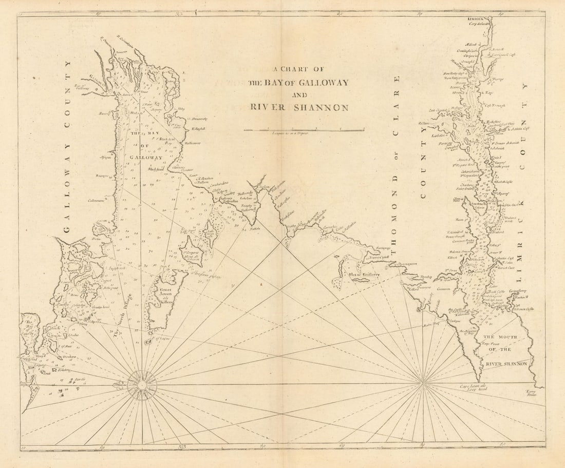 A Chart of the Bay of Galloway [Galway] & River Shannon. MOUNT & PAGE 1758 map: A Chart of the Bay of Galloway and River Shannon'. Antique folio sea chart of part of the west coast of Ireland, including the coast of Clare, Galway Bay, and the Shannon Estuary. The map is