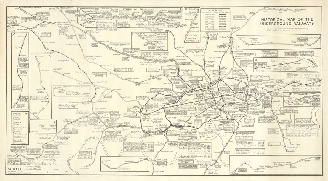 Historical Map of the London Underground Railways. Station opening dates 1975: Historical Map of the Underground Railways'. Commercial Drawing Section [assumed to be London Transport]. Published October 1975. Vintage historical London Underground map. Size 51 x 93 cm | 20.0 x
