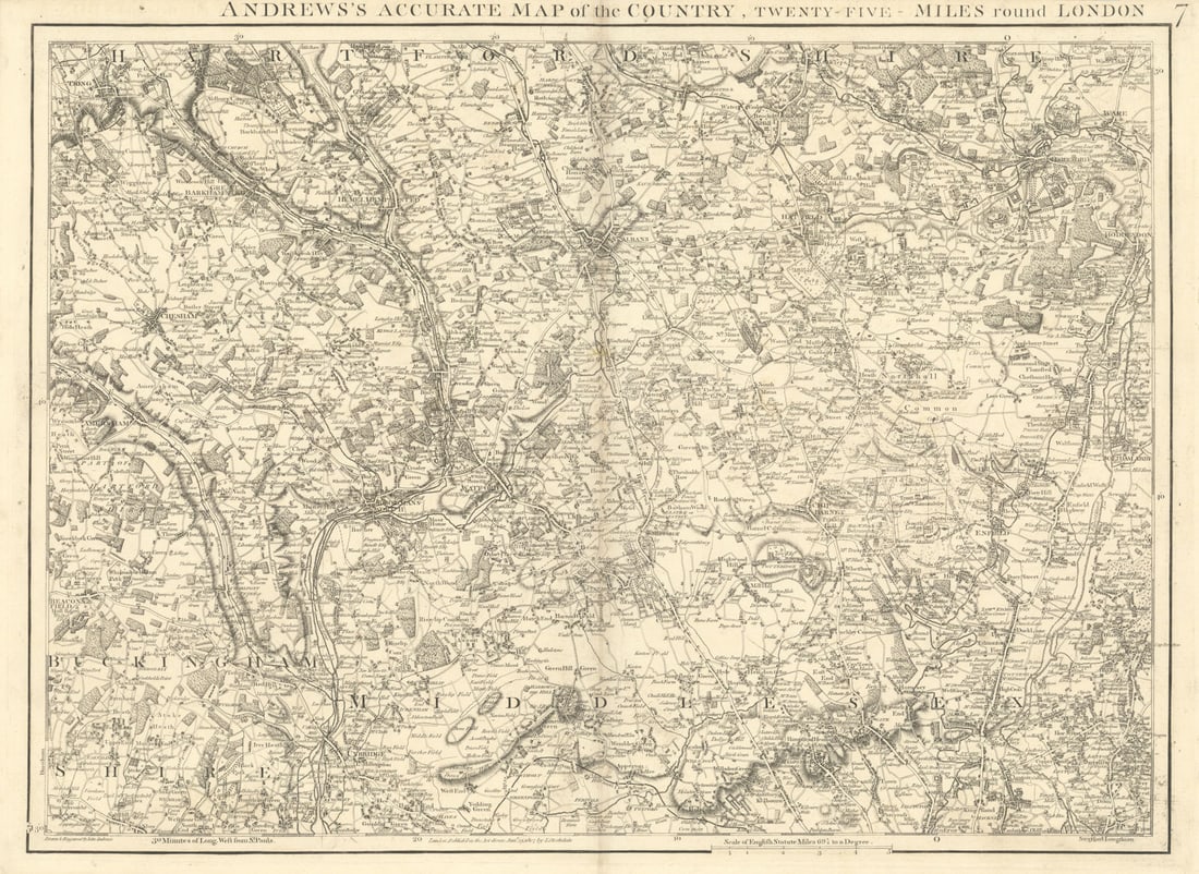 Chilterns & NW London. Hertfordshire St Albans Amersham #7 Andrews/Dury 1818 map: Andrews's Accurate Map of the Country, Twenty Five Miles round London [describing from an Actual Survey all the Gentlemen's Seats, Turnpike and Cross Roads, Towns Villages, Cottages &c]' - Plate