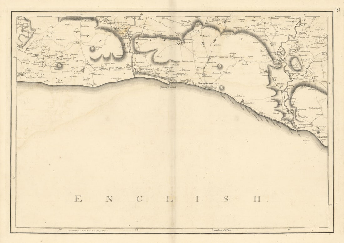 Sussex Coast & South Downs. Shoreham Brighton Lewes #19 Andrews/Dury 1818 map: Plate 19 from 'A Map of the Country Sixty Five Miles Round London' by John Andrews & Andrew Dury, covering parts of Sussex including Shoreham, Brighton, Steyning, Lewes, Worthing' by Andrews,