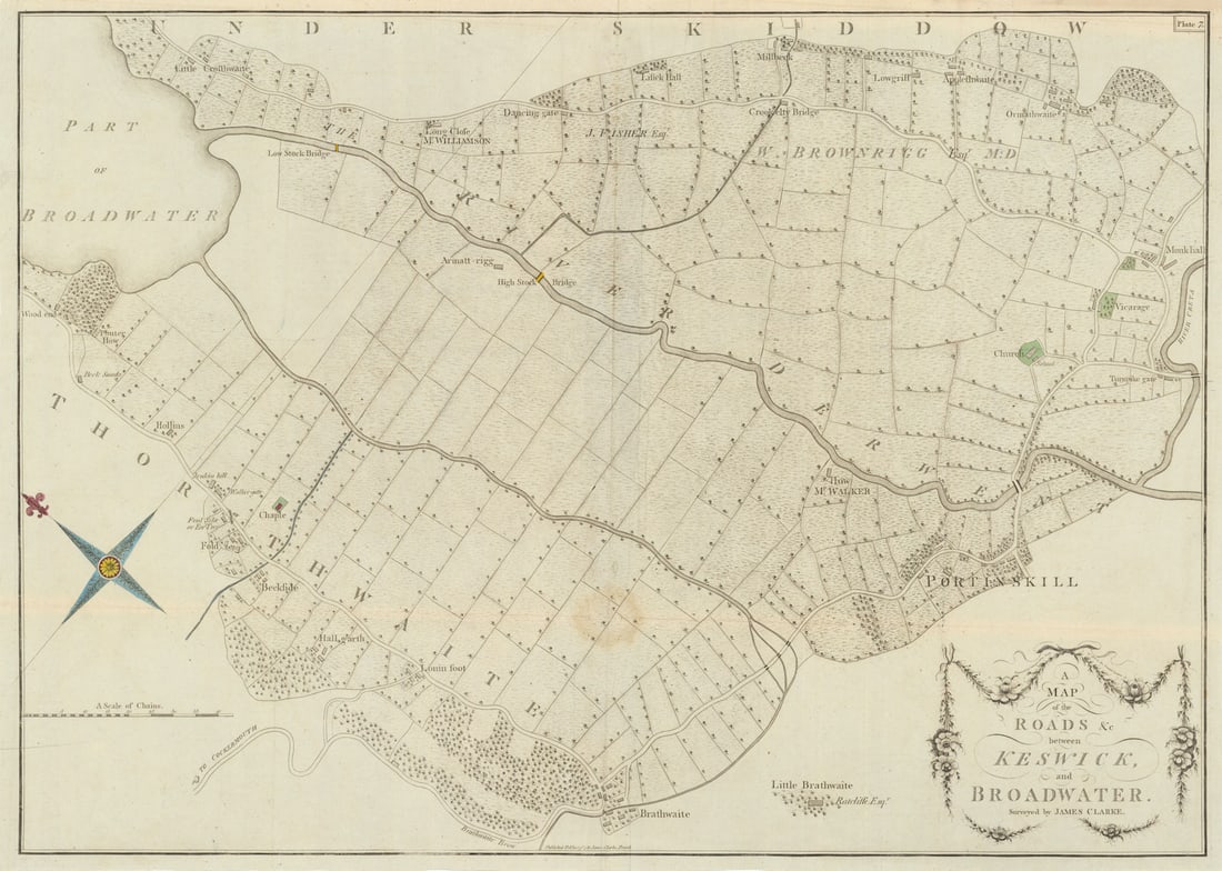 Roads between Keswick & Broadwater [Bassenthwaite Lake] by James Clarke 1789 map: A map of Roads &c between Keswick and Broadwater'. A map of the Derwent River valley and the road from the south end of Bassenthwaite Lake to Keswick, in the English Lake District by Clarke,