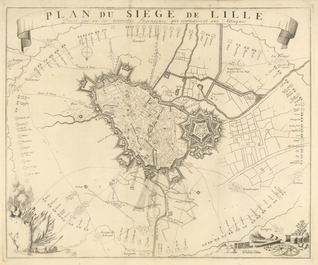 Plan du Siege de Lille, dressée par un des premiers Ingenieurs… 1708. c1729 map: Plan du Siege de Lille, dressée par un des premiers Ingenieurs qui commandent aux Attaques'. A detailed map of the Siege of Lille (1708), showing the encircling positions of the Allied forces. Th