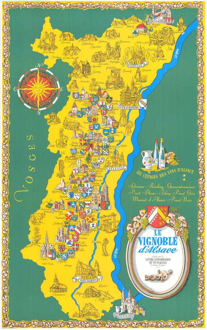 Le Vignoble d'Alsace. Alsace wine region map by Willy Fischer 1950 old: Le Vignoble d'Alsace - Les Cépages des Vins d'Alsace - Sylvaner, Riesling, Gewurztraminer, Pinot Blanc, Tokay Pinot Gris, Muscat d'Alsace, Pinot Noir'. A vibrant mid-century promotional map of th