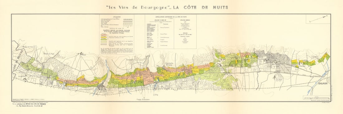 BURGUNDY BOURGOGNE WINE MAP La Côte de Nuits. Vineyards vignobles. LARMAT 1953: Les Vins de Bourgogne - La Côte de Nuits'. The map shows the appellations controllées (AOC) of the predominantly red wine growing area of the Côte de Nuits. The colours indicate the des