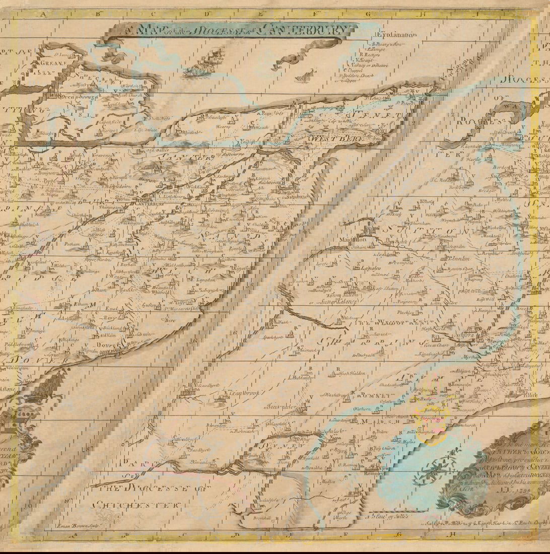 A Map of the Diocesse of Canterbury by Emanuel Bowen. Very rare 1725 old (1 of 1)