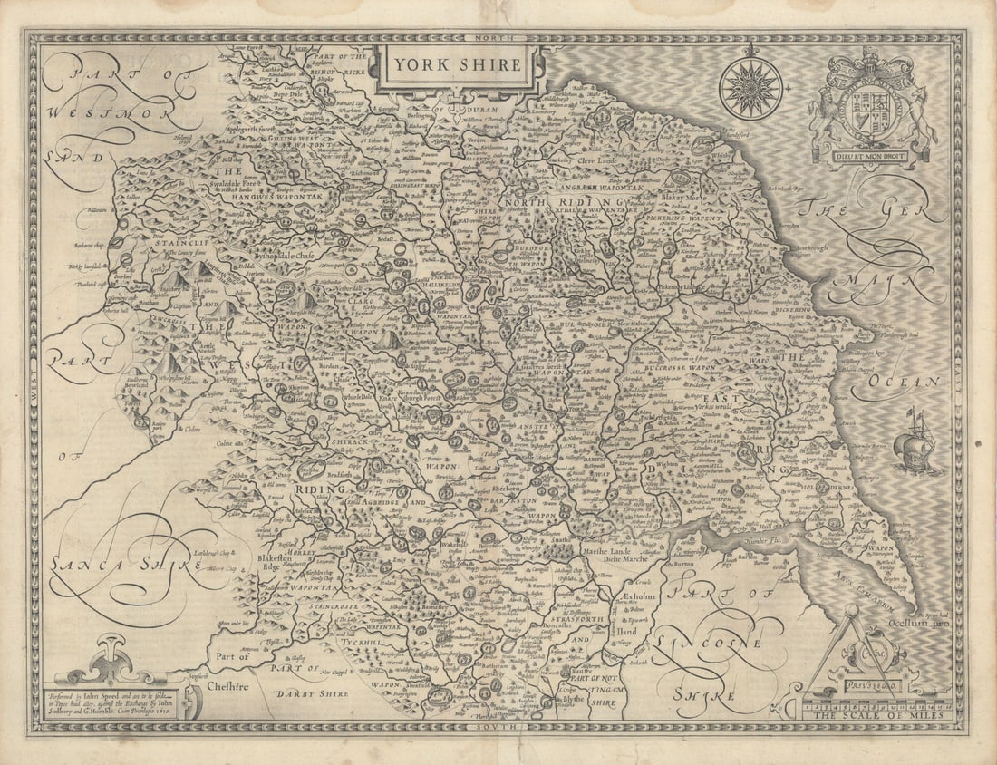 York Shire. Yorkshire county map by John Speed. George Humble edition 1627: York Shire'. Performed by John Speede and are to be solde in Popes head alley, against the Exchage by John Sudbury and G. Humbell. Published 1627. Very decorative 17th century county map. Size 39 x 51