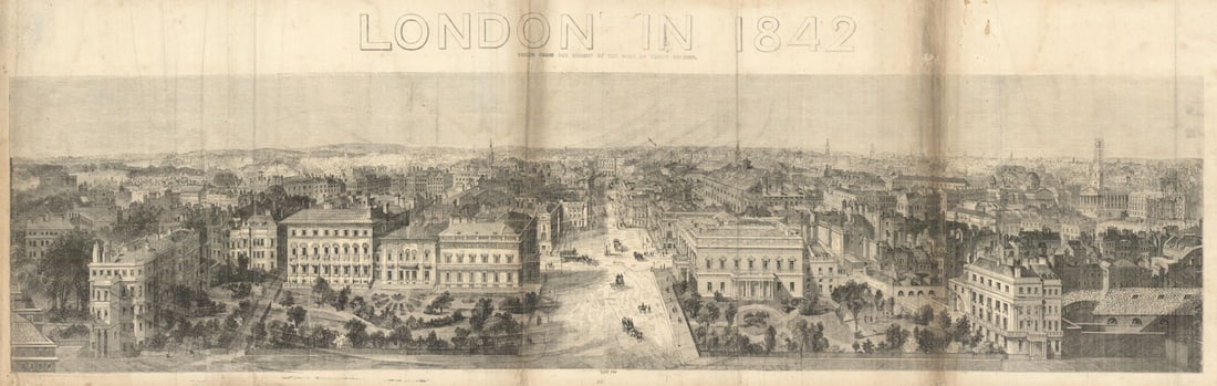 Panorama of London in 1842 from the Duke of York's Column - North view. ILN 1843: London in 1842 - taken from the summit of the Duke of York's Column - North view'. Panorama of London in 1842 looking north from the Duke of York's Column, up Waterloo Place and Lower Regent Street