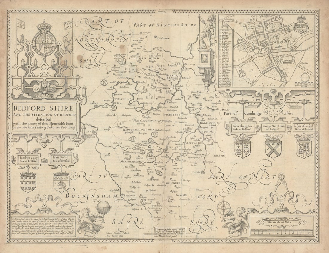 Bedford Shire. Bedfordshire map by John Speed. Bassett & Chiswell edition 1676 (1 of 1)
