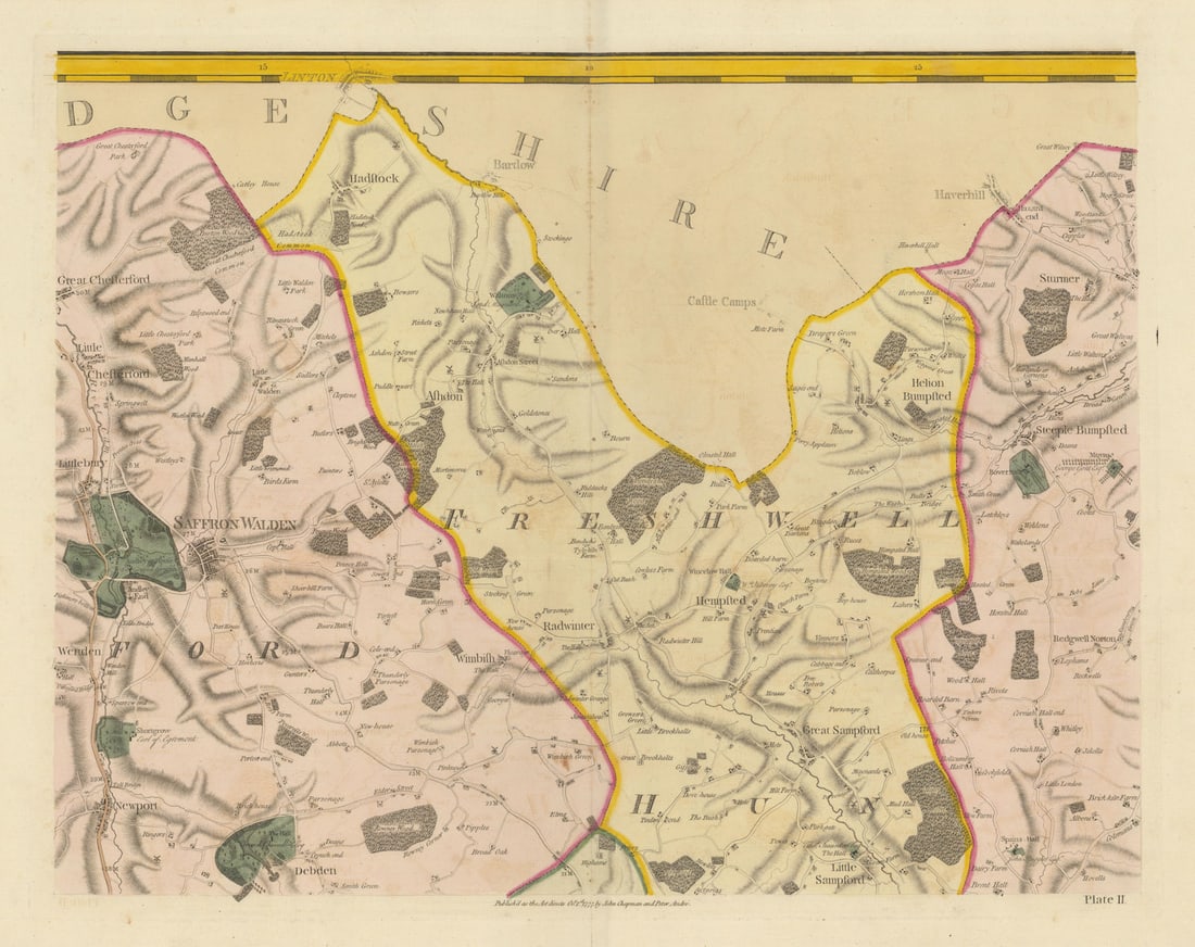 Essex NW #2 Uttlesford Saffron Walden Newport Ashdon. Chapman/André 1777 map: Plate II [Great Chesterford, Little Chesterford, Saffron Walden, Wimbish, Great Sampford, Little Sampford, Hempstead, Helion Bumpstead, Steeple Bumpstead, Radwinter, Wenden, Debden, Newport, Ashdon,