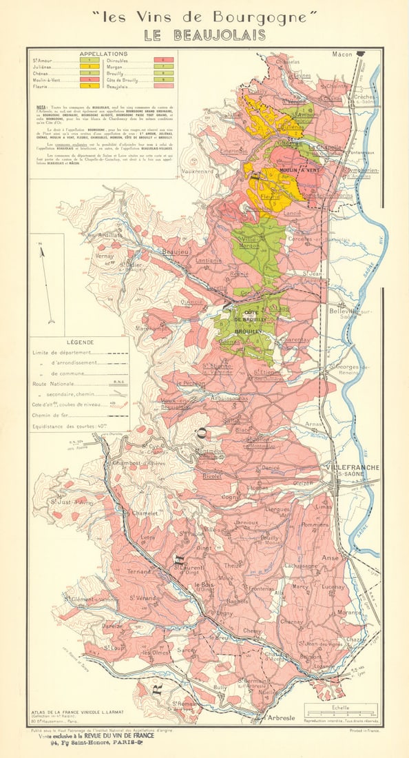 BURGUNDY BOURGOGNE WINE MAP Beaujolais appellations.Fleurie Brouilly LARMAT 1953: Les Vins de Bourgogne - Le Beaujolais'. The map shows the appellations of St Amour, Juliénas, Chénas, Moulin-à-Vent, Fleurie, Chiroubles, Morgon, Côte de Brouilly & Brouilly. b