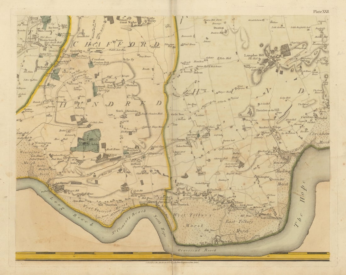 Essex SW #22 Thurrock Grays Tilbury Stanford-le-Hope. Chapman/André 1777 map: Plate XXII [Vange, Langdon Hills, Hornchurch, Aveley, South Ockendon, Grays, Chadwell St Mary, Thurrock, Stifford, Purfleet, Langdon Hill, Orset, Upminster, Great Warley, Little Warley, West Tilbury,