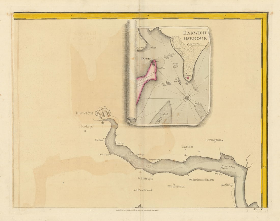 Harwich Harbour by Chapman/André. Essex/Suffolk #5 Ipswich River Orwell 1777 map: Harwich Harbour' - Plate V [Ipswich, Harwich, River Orwell, Shotley, Woolverstone, Levington, Holbrook, Chelmondiston]. Large folio Plate V from John Chapman & Peter André's 'Map of the