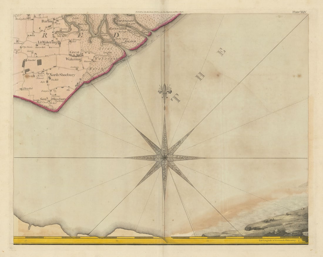 Essex SE #24 Great Wakering Shoeburyness Southend-on-Sea. Chapman/André 1777 map: Plate XXIV [Great Wakering, Little Wakering, Barling, North Shoebury, South Shoebury]. Large folio Plate XXIV from John Chapman & Peter André's 'Map of the County of Essex' (1777), covering