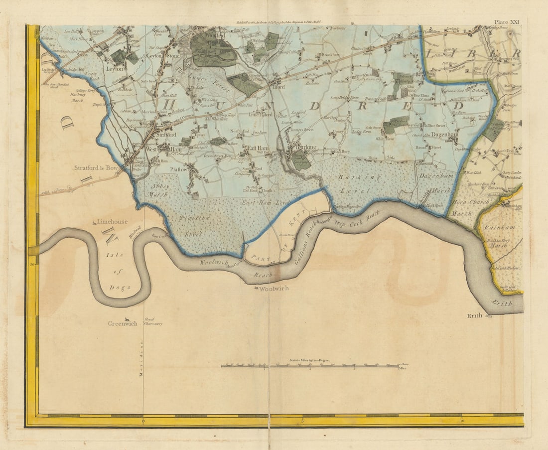 Essex SW #21 West Ham Stratford Barking Leyton Wanstead. Chapman/André 1777 map (1 of 1)