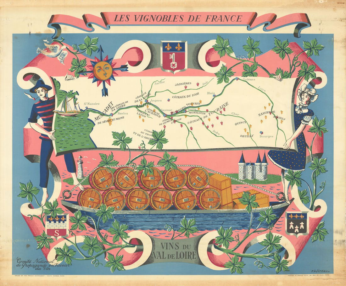 LOIRE WINE MAP Vignobles de France. Vins du Val de Loire. Rémy HETREAU 1954: Les Vignobles de France - Vins du Val de Loire'. Rémy Hétreau (1913-2001) was French painter, graphic artist, printmaker, illustrator and designer. He was commissioned in the 1950s by the Co