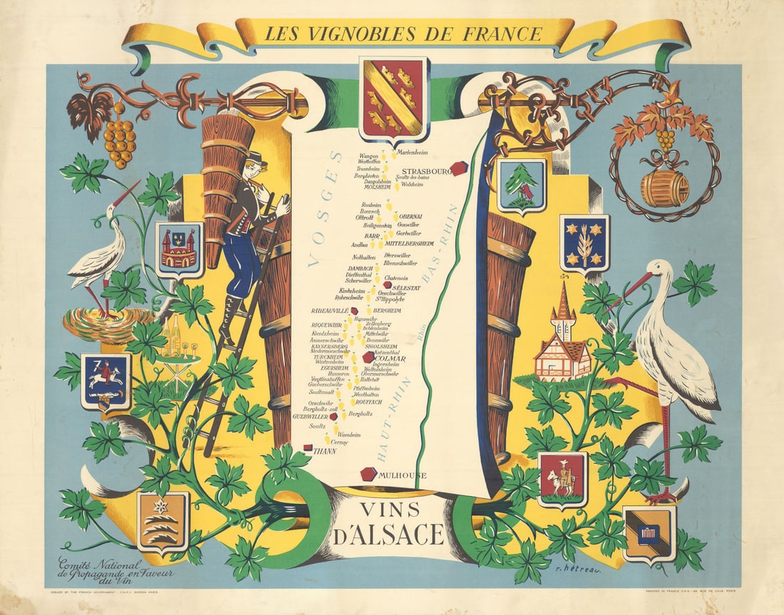 ALSACE WINE MAP Vignobles de France. Vins d'Alsace. Rémy Hétreau HETREAU 1954: Les Vignobles de France - Vins d'Alsace'. Rémy Hétreau (1913-2001) was French painter, graphic artist, printmaker, illustrator and designer. He was commissioned in the 1950s by the Comit