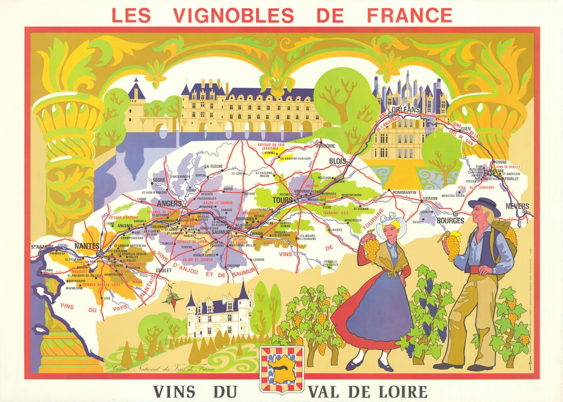 LOIRE WINE MAP Vignobles de France. Vins du Val de Loire. SOPEXA/CNVF 1971: Les Vignobles de France - Vins du Val de Loire'. Comité National des Vins de France/Sopexa/F. Le Gales. Published 1971. Decorative vintage colour wine poster map. Size 67 x 94 cm | 26.5 x 37.0
