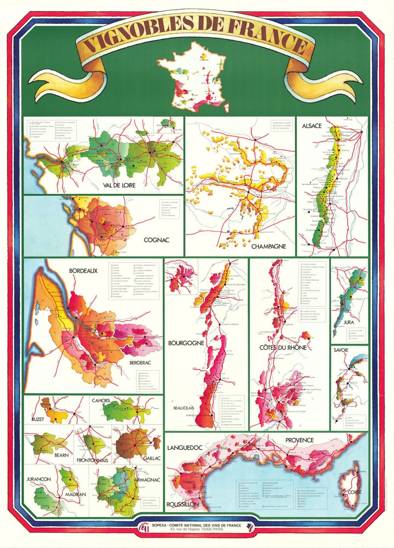 Vignobles de France. French wine regions poster map. SOPEXA/CNVF/Edery 1970s: Vignobles de France - Val de Loire - Champagne - Alsace - Bourgogne - Jura - Savoie - Côtes du Rhone - Languedoc - Roussillon - Côtes du Provence - Corse - Juraçon - Armagnac - Gaillac