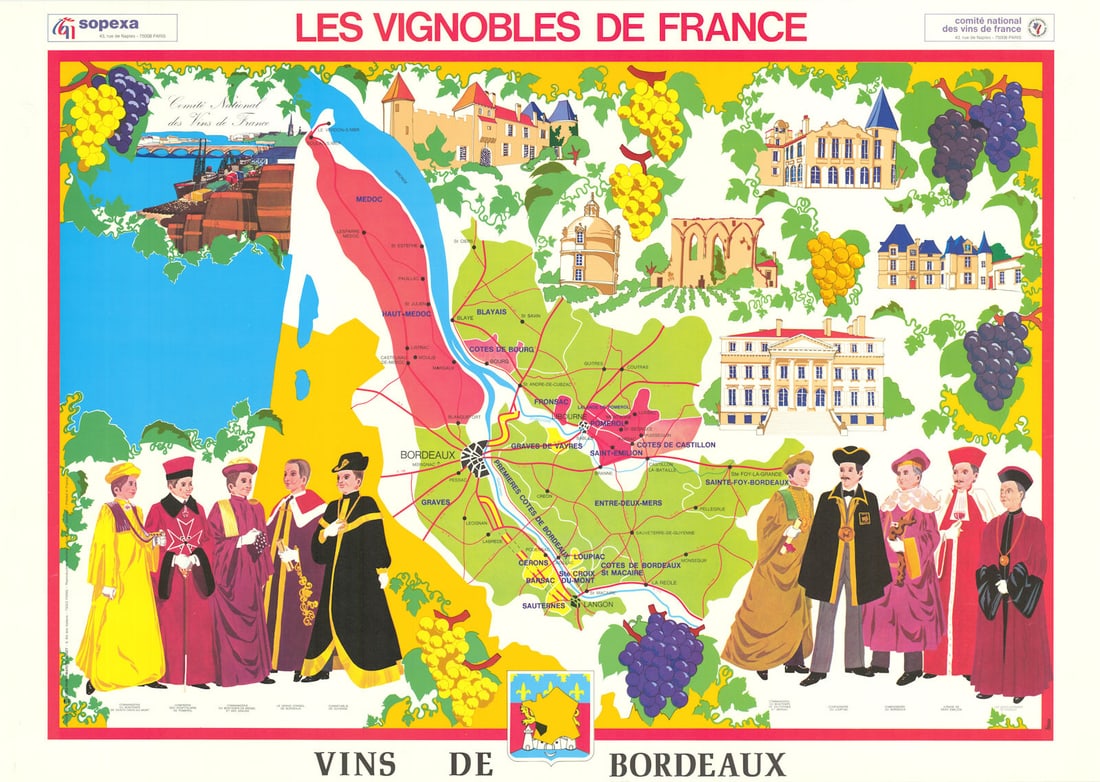 BORDEAUX WINE MAP. Vignobles de France. Vins de Bordeaux. SOPEXA/CNVF c1970: Les Vignobles de France - Vins de Bordeaux'. Comité National des Vins de France/Sopexa/Hénaux. Published c1970. Decorative vintage colour wine poster map. Size 67 x 94 cm | 26.5 x 37.0