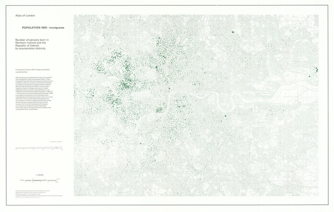 London - 1961 Irish immigrant population from Eire & Northern Ireland 1968 map: Atlas of London - Population 1961 - Number of persons born in Northern Ireland and the Republic of Ireland, by enumeration districts'. This fascinating piece of social history shows the pattern of
