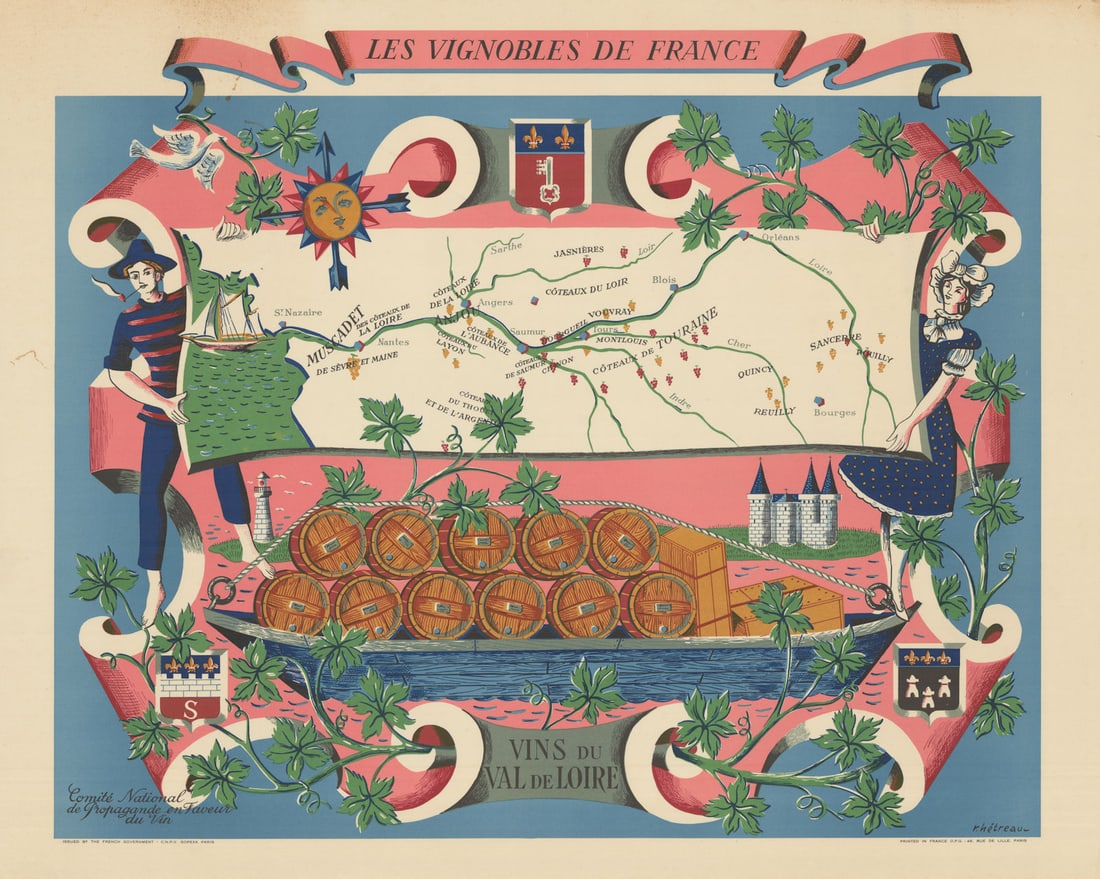 LOIRE WINE MAP Vignobles de France. Vins du Val de Loire. Rémy HETREAU 1954: Les Vignobles de France - Vins du Val de Loire'. Rémy Hétreau (1913-2001) was French painter, graphic artist, printmaker, illustrator and designer. He was commissioned in the 1950s by the Co