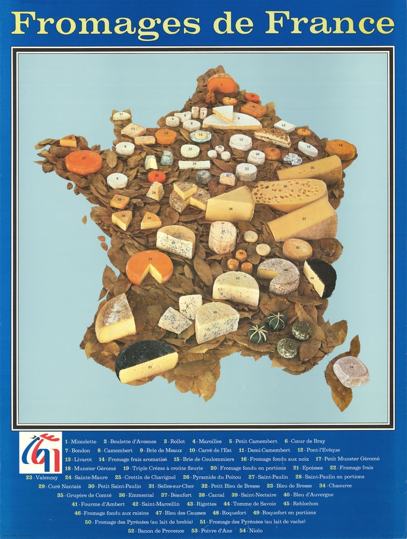Fromages de France. French cheese poster map. SOPEXA 1973 old vintage: Fromages de France' by Sopexa. Published 1973. Decorative vintage colour wine poster map. Size 77 x 58 cm | 30.5 x 23.0 inches. Condition: Good; suitable for framing. Please check the scan for any ble