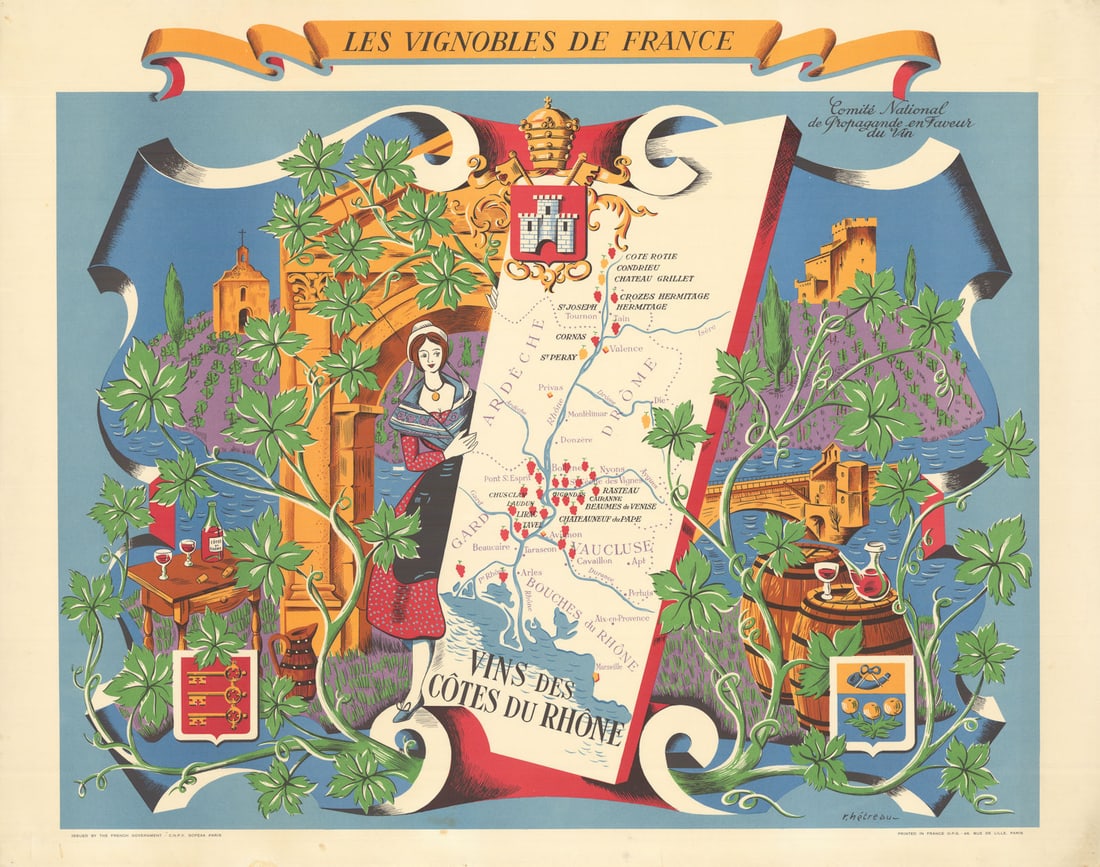 RHONE WINE MAP Vignobles de France. Vins des Côtes du Rhône. HETREAU 1954: Les Vignobles de France - Vins des Côtes du Rhône'. Rémy Hétreau (1913-2001) was French painter, graphic artist, printmaker, illustrator and designer. He was commissioned in the 19