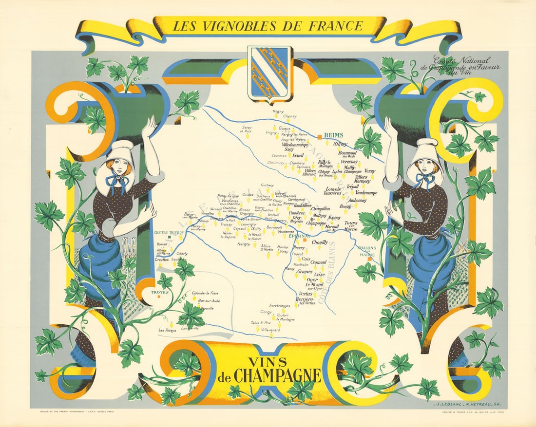 Vins de CHAMPAGNE WINE MAP Vignobles de France. Rémy HETREAU / LEBLANC 1954: Les Vignobles de France - Vins de Champagne'. Rémy Hétreau (1913-2001) was French painter, graphic artist, printmaker, illustrator and designer. He was commissioned in the 1950s by the Comit