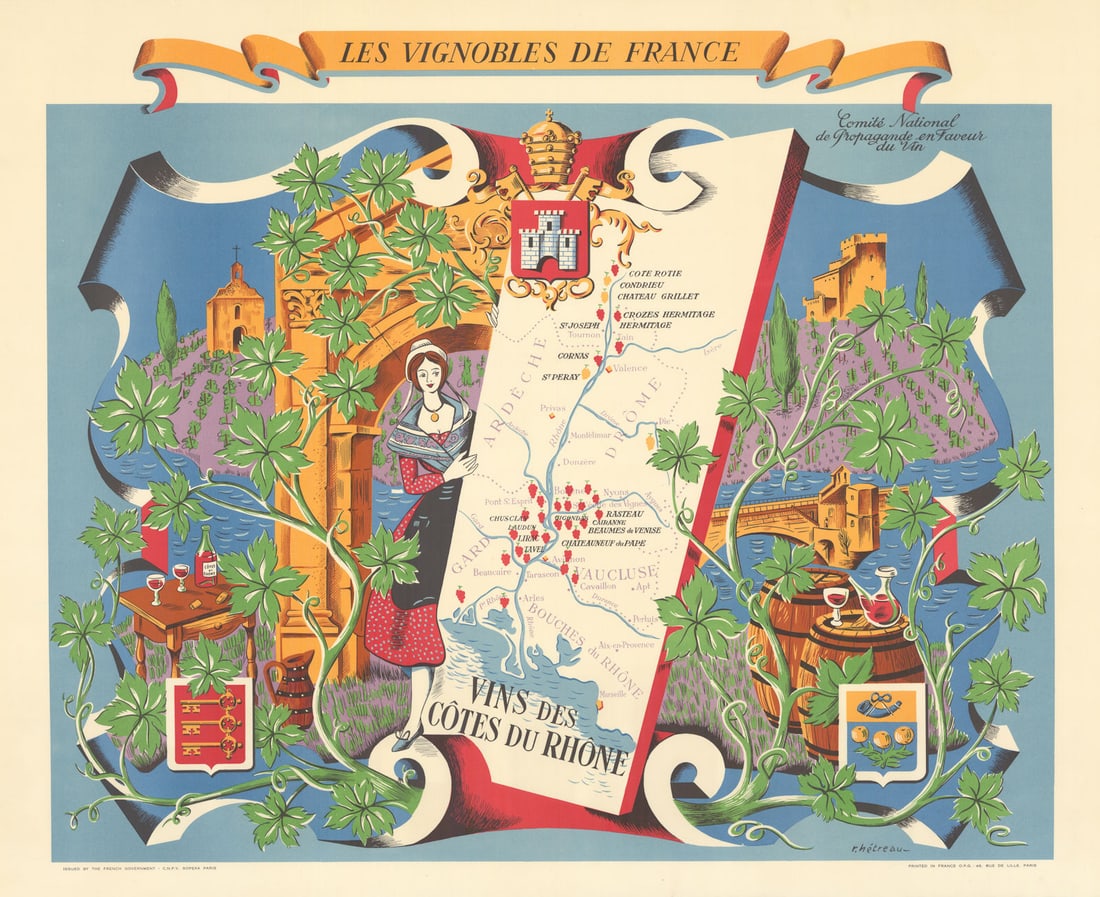 RHONE WINE MAP Vignobles de France. Vins des Côtes du Rhône. HETREAU 1954: Les Vignobles de France - Vins des Côtes du Rhône'. Rémy Hétreau (1913-2001) was French painter, graphic artist, printmaker, illustrator and designer. He was commissioned in the 19