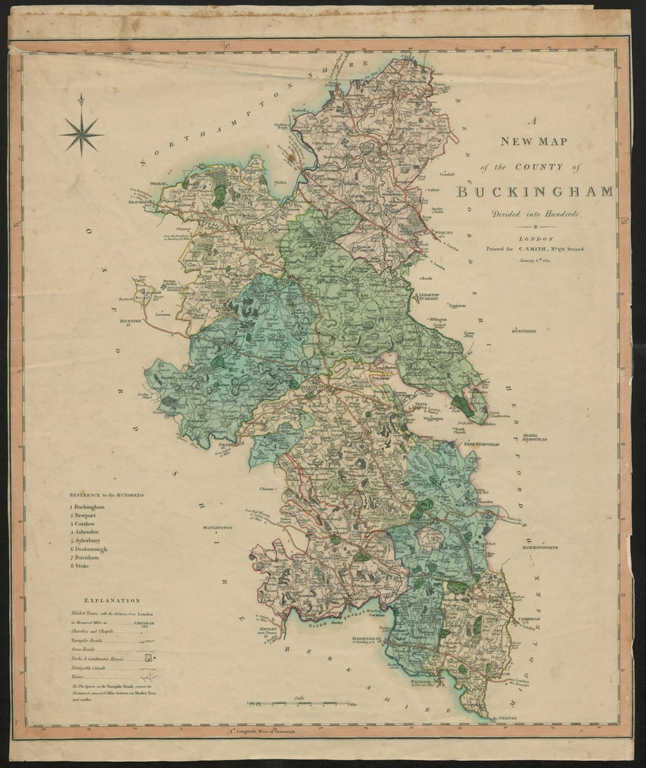 A New Map of the County of Buckingham… CHARLES SMITH 55x46cm 1801 old: A New Map of the County of Buckingham divided into hundreds' by Smith, Charles. Published January 6th 1801. Large engraved antique county map with original hand colour. Size 55 x 47 cm | 21.5 x 18.5