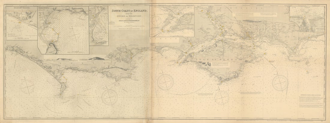 South Coast of England. 175x65cm. Imray Laurie Norie Wilson sea chart 1913 map: South Coast of England from the Owers to Bridport // Sketch of Bridport Harbour // Poole Bar // Weymouth &c. // Needles Channel // Cowes Roads'. Published by Imray, Laurie Norie & Wilson.