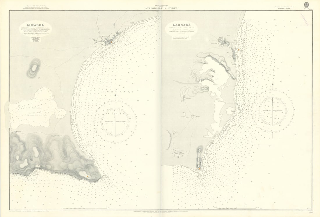 Cyprus anchorages Limassol Larnaca Akrotiri ADMIRALTY sea chart 1891 (1929) map: Mediterranean - Anchorages in Cyprus // Limasol - Lemessos of the Greeks. Leimesoun of the Turks // Larnaka - Larnax of the Greeks. Tuzla of the Turks'. Limasol surveyed by Lieut. Lord John T.