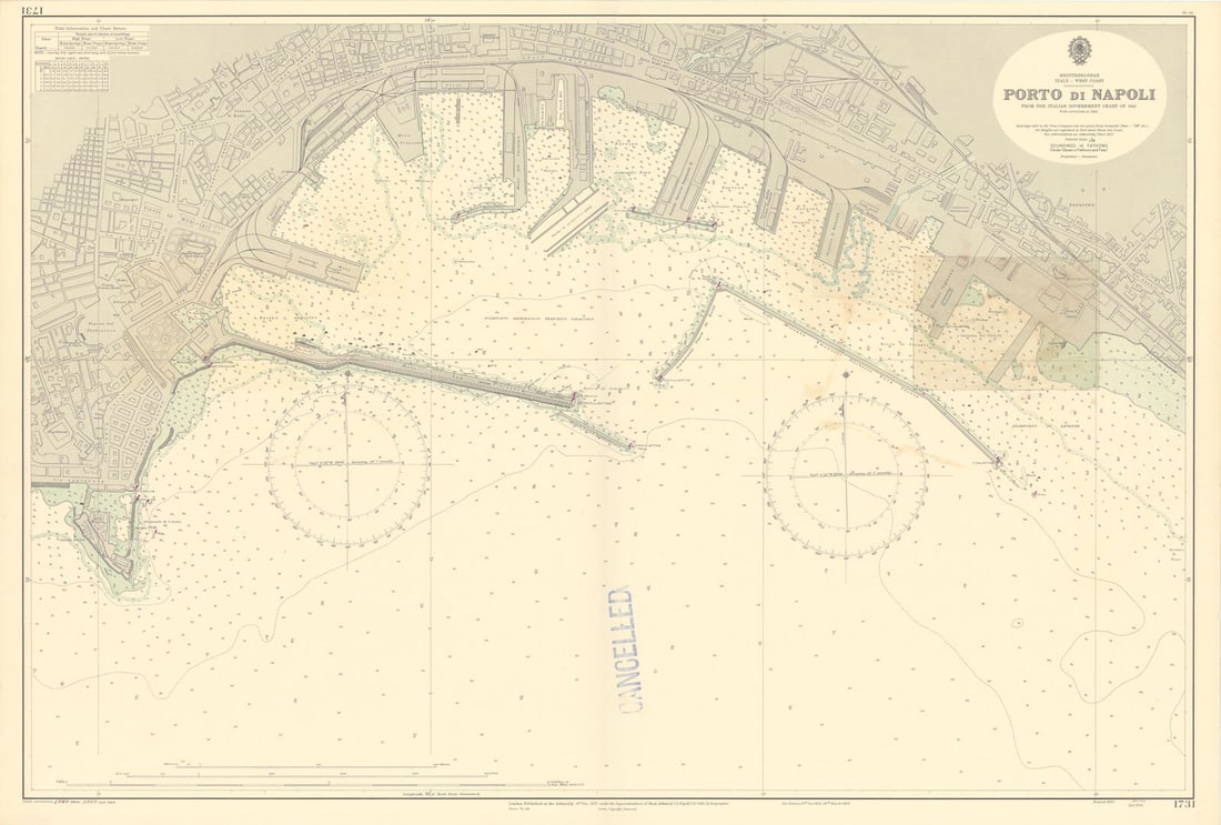 Port di Napoli. Naples, Italy. ADMIRALTY sea chart 1937 (1955) old vintage map: Mediterranean - Italy - West Coast - Port di Napoli'. From the Italian Government chart of 1949 with corrections to 1953. Published 1937 (1955) - Surveyed to 1949. Published 1937. New edition 1954.