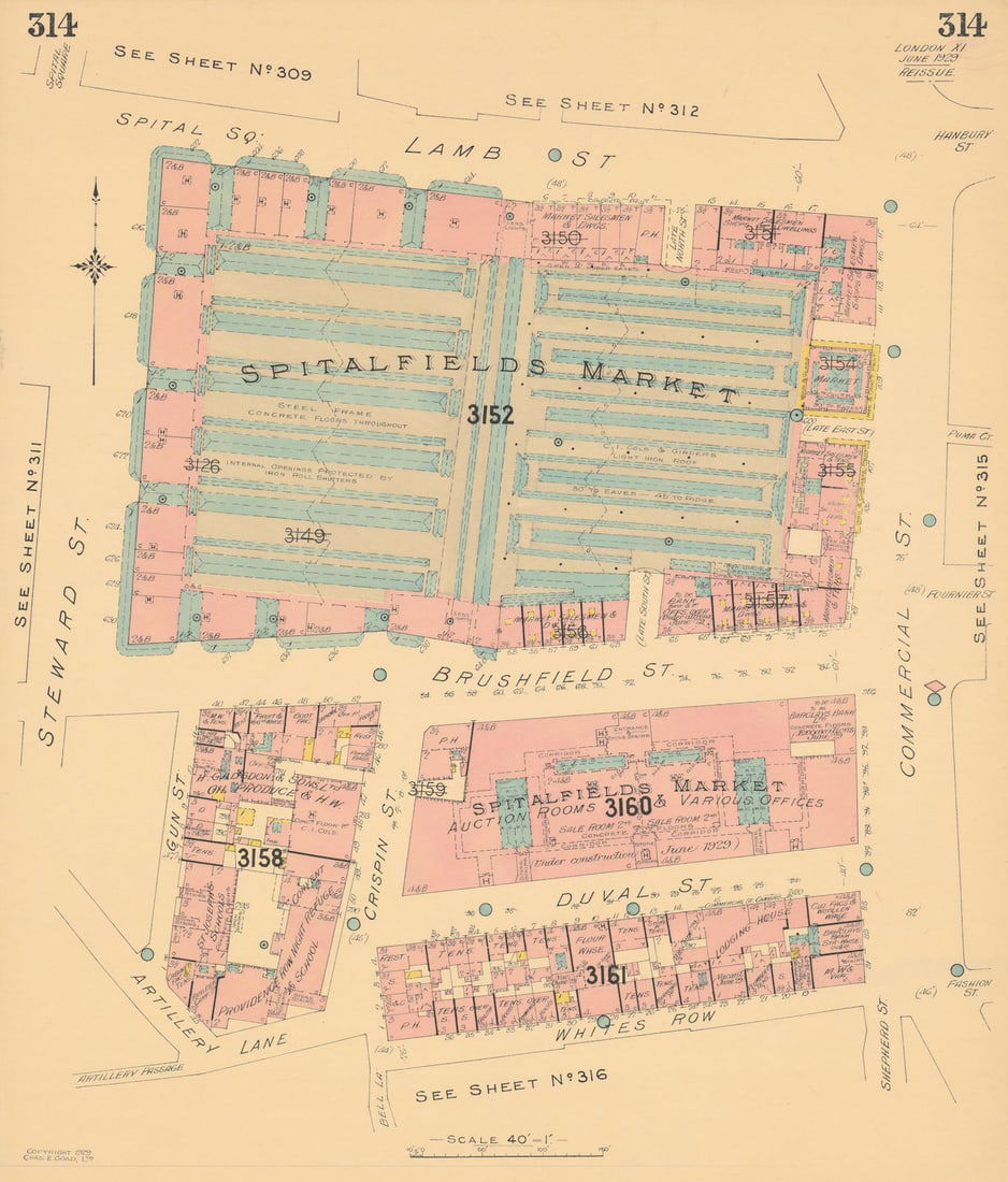 Spitalfields Market Goad Insurance map. Commercial Street. Brushfield St 1929: Sheet 314 - Spitalfields Market - Commercial Street - Duval Street - Artillery Lane - Steward Street - Lamb Street - Brushfield Street - Whites Row'. These very scarce maps were prepared by the civil