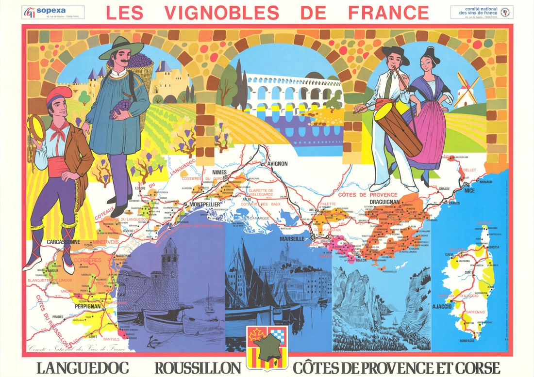 France Vignobles. Languedoc Roussillon Provence Corse. SOPEXA/CNVF Wine map 1969: Les Vignobles de France - Languedoc - Roussillon - Côtes de Provence et Corse'. Comité National des Vins de France/Sopexa/F. Le Gales. Published 1969. Decorative vintage colour wine poster m