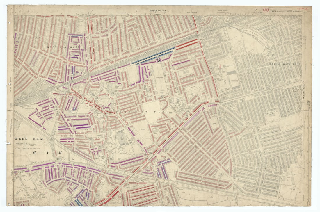 LSE POVERTY OS PROOF MAP West/East Ham - Plaistow - Upton Park - Greengate 1928: [Ordnance Survey] Edition of 1919 - Essex [new series] Sheet NLXXXVI. 6. West Ham - Plaistow - Upton Park. An original unpublished “poverty map” working proof sheet, apparently