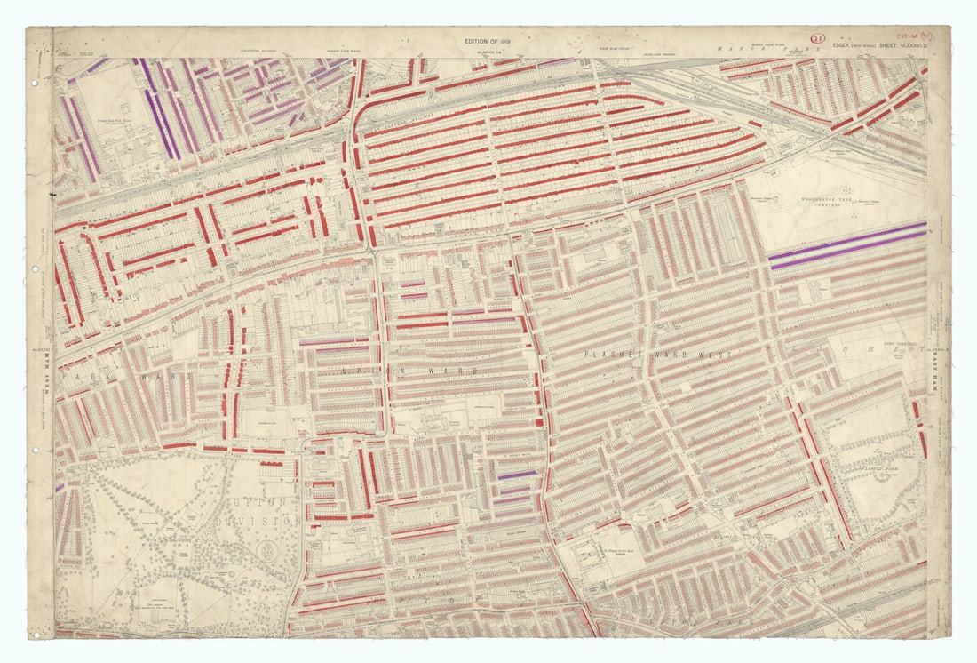 LSE POVERTY OS PROOF MAP West Ham Park - Plashet - Forest Gate - Woodgrange 1928: [Ordnance Survey] Edition of 1919 - Essex [new series] Sheet NLXXXVI. 2. Upton - West Ham - Plashet - Forest Gate. An original unpublished “poverty map” working proof sheet, apparently pre
