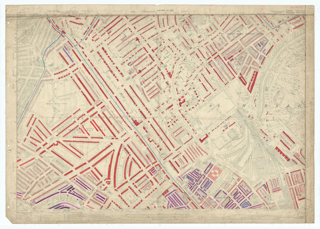 LSE POVERTY OS PROOF MAP St Johns Wood Maida Vale Lisson Grove Regents Park 1928: [Ordnance Survey] Edition of 1915 - London Sheet IV. 8. - Middlesex Sheet XVI. 8. St John's Wood - Maida Vale - Hamilton Terrace - Lisson Grove - Church Street - Marylebone Station - Regents Park. An