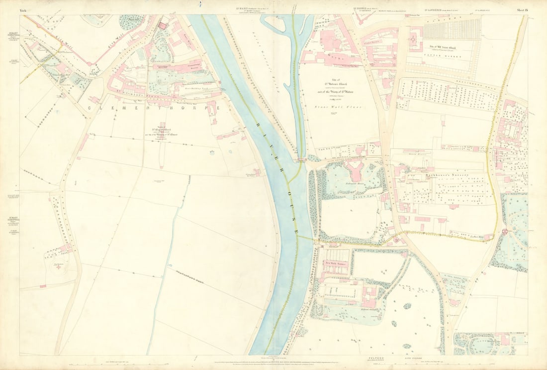 City of York #15 Clementhorpe Fulford Road Skeldergate Fishergate. OS 1852 map: City of York - Sheet 15 - [Clementhorpe - Fulford Road - Queen's Staith & Skeldergate - Fishergate - River Ouse - Lawrence St and Heslington Rd]. Large scale map sheet of part of the City of