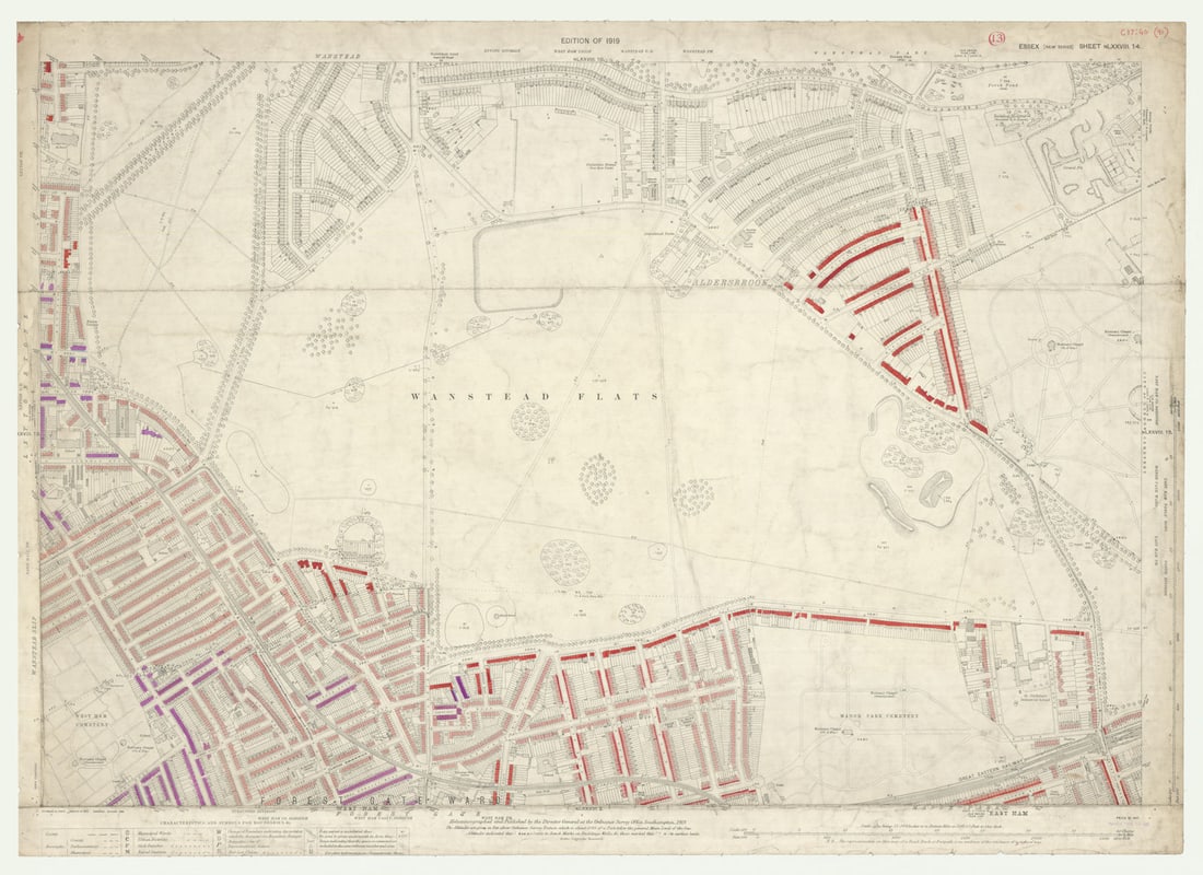 LSE POVERTY OS PROOF MAP Wanstead Flats - Aldersbrook - Forest Gate 1928: [Ordnance Survey] Edition of 1919 - Essex [New Series] Sheet NLXXVIII. 14. Wanstead Flats - Aldersbrook - Forest Gate - Manor Park - West Ham Cemetery - Leytonstone. An original unpublished “pov