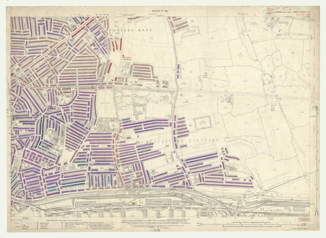 LSE POVERTY OS PROOF MAP Canning Town - Royal Victoria - Custom House 1928: [Ordnance Survey] Edition of 1919 - Essex [New Series] Sheet NLXXXVI. 10. Canning Town - Royal Victoria Dock - Custom House - Prince Regent - Beckton. An original unpublished “poverty map”